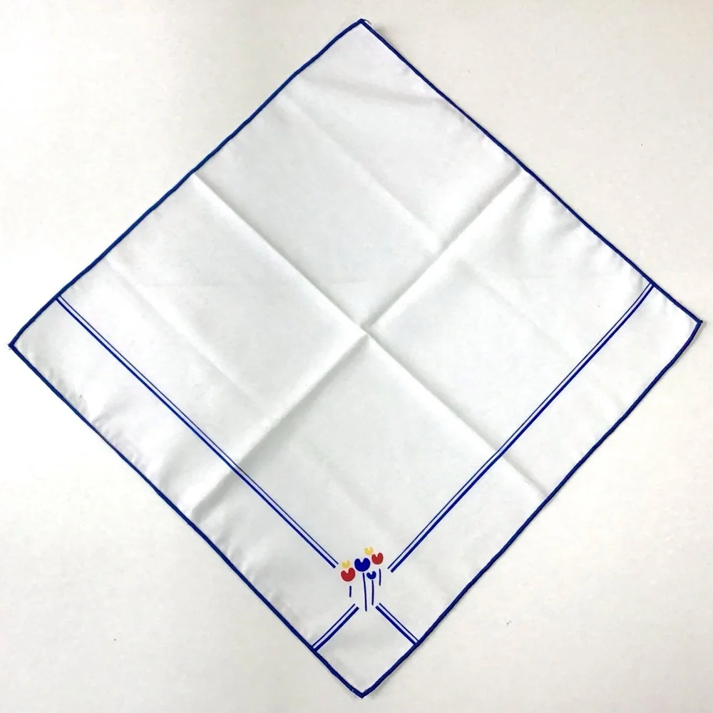 Vintage 1980s Cloth Napkins Set of 4 White Blue Edge Red Yellow Abstract Flower